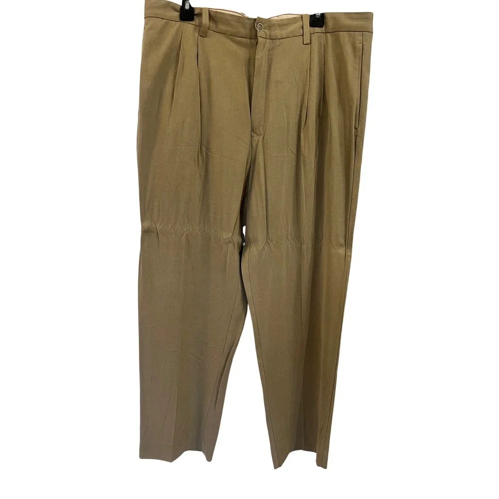 Tommy Bahama Mens 38x30 Silk Bamboo Herringbone Pleated Trousers Khaki Tan Pants